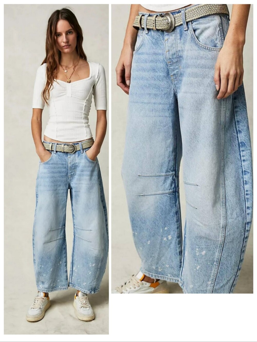 We The Free Lucky You Mid Rise Barrel Leg Jeans Aegean Sz 27 Bleach Splatter Hem